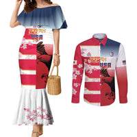 USA and Japan Rugby Custom Couples Matching Mermaid Dress and Long Sleeve Button Shirt Eagles Brave Blossoms Together Pacific - Polynesian Pride