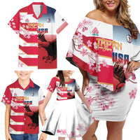 USA and Japan Rugby Custom Family Matching Off Shoulder Short Dress and Hawaiian Shirt Eagles Brave Blossoms Together Pacific - Polynesian Pride