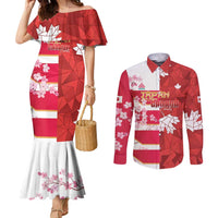 Canada and Japan Rugby Custom Couples Matching Mermaid Dress and Long Sleeve Button Shirt Canucks Brave Blossoms Together Pacific - Polynesian Pride