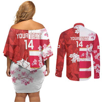 Canada and Japan Rugby Custom Couples Matching Off Shoulder Short Dress and Long Sleeve Button Shirt Canucks Brave Blossoms Together Pacific - Polynesian Pride