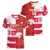 Canada and Japan Rugby Custom Women V-Neck T-Shirt Canucks Brave Blossoms Together Pacific - Polynesian Pride