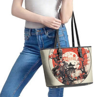 Samurai Warrior Japan Leather Tote Bag Red-blossomed Tree Classic Japanese Stylized - Polynesian Pride