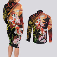 Hawaiian and Japanese Couples Matching Long Sleeve Bodycon Dress and Long Sleeve Button Shirt Koi Fish With Kanaka Polynesian Tattoo - Polynesian Pride