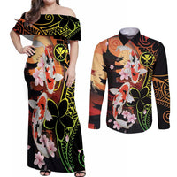 Hawaiian and Japanese Couples Matching Off Shoulder Maxi Dress and Long Sleeve Button Shirt Koi Fish With Kanaka Polynesian Tattoo - Polynesian Pride