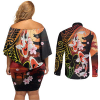 Hawaiian and Japanese Couples Matching Off Shoulder Short Dress and Long Sleeve Button Shirt Koi Fish With Kanaka Polynesian Tattoo - Polynesian Pride