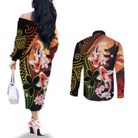 Hawaiian and Japanese Couples Matching Off The Shoulder Long Sleeve Dress and Long Sleeve Button Shirt Koi Fish With Kanaka Polynesian Tattoo - Polynesian Pride