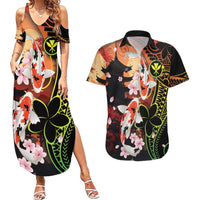 Hawaiian and Japanese Couples Matching Summer Maxi Dress and Hawaiian Shirt Koi Fish With Kanaka Polynesian Tattoo - Polynesian Pride