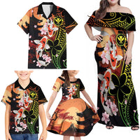 Hawaiian and Japanese Family Matching Off Shoulder Maxi Dress and Hawaiian Shirt Koi Fish With Kanaka Polynesian Tattoo - Polynesian Pride