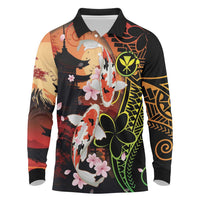 Hawaiian and Japanese Long Sleeve Polo Shirt Koi Fish With Kanaka Polynesian Tattoo - Polynesian Pride