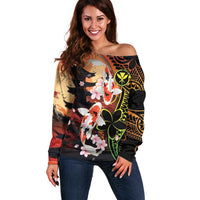 Hawaiian and Japanese Off Shoulder Sweater Koi Fish With Kanaka Polynesian Tattoo LT14 Women Black - Polynesian Pride