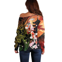Hawaiian and Japanese Off Shoulder Sweater Koi Fish With Kanaka Polynesian Tattoo LT14 - Polynesian Pride