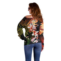 Hawaiian and Japanese Off Shoulder Sweater Koi Fish With Kanaka Polynesian Tattoo LT14 - Polynesian Pride