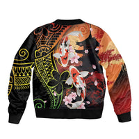 Hawaiian and Japanese Sleeve Zip Bomber Jacket Koi Fish With Kanaka Polynesian Tattoo - Polynesian Pride