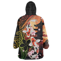 Hawaiian and Japanese Wearable Blanket Hoodie Koi Fish With Kanaka Polynesian Tattoo - Polynesian Pride