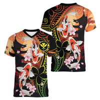 Hawaiian and Japanese Women V-Neck T-Shirt Koi Fish With Kanaka Polynesian Tattoo - Polynesian Pride