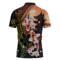Hawaiian and Japanese Zipper Polo Shirt Koi Fish With Kanaka Polynesian Tattoo - Polynesian Pride