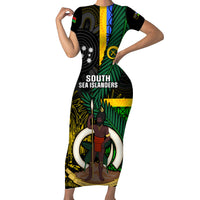 Personalised South Sea Islanders Family Matching Short Sleeve Bodycon Dress and Hawaiian Shirt Kanakas With Vanuatu Coat Of Arms LT14 Mom's Dress Black - Polynesian Pride