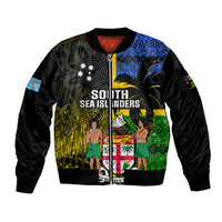 Personalised South Sea Islanders Sleeve Zip Bomber Jacket Kanakas With Fiji Coat Of Arms LT14 Unisex Black - Polynesian Pride