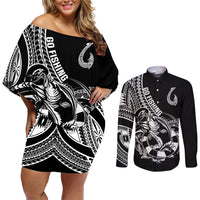 Personalised Polynesia Couples Matching Off Shoulder Short Dress and Long Sleeve Button Shirts Fish Hook Tattoo Go Fishing Polynesian Pattern Black LT14 Black - Polynesian Pride