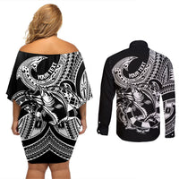 Personalised Polynesia Couples Matching Off Shoulder Short Dress and Long Sleeve Button Shirts Fish Hook Tattoo Go Fishing Polynesian Pattern Black LT14 - Polynesian Pride