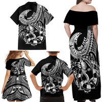 Personalised Polynesia Family Matching Off Shoulder Maxi Dress and Hawaiian Shirt Fish Hook Tattoo Go Fishing Polynesian Pattern Black LT14 - Polynesian Pride