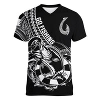 Personalised Polynesia Women V Neck T Shirt Fish Hook Tattoo Go Fishing Polynesian Pattern Black LT14 Female Black - Polynesian Pride