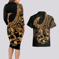 Polynesia Couples Matching Long Sleeve Bodycon Dress and Hawaiian Shirt Fish Hook Tattoo Go Fishing Polynesian Pattern Gold LT14 - Polynesian Pride