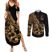 Polynesia Couples Matching Summer Maxi Dress and Long Sleeve Button Shirts Fish Hook Tattoo Go Fishing Polynesian Pattern Gold LT14 Gold - Polynesian Pride