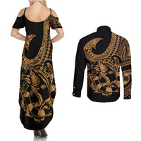 Polynesia Couples Matching Summer Maxi Dress and Long Sleeve Button Shirts Fish Hook Tattoo Go Fishing Polynesian Pattern Gold LT14 - Polynesian Pride