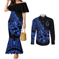 Polynesia Couples Matching Mermaid Dress and Long Sleeve Button Shirts Fish Hook Tattoo Go Fishing Polynesian Pattern Blue LT14 Blue - Polynesian Pride