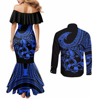 Polynesia Couples Matching Mermaid Dress and Long Sleeve Button Shirts Fish Hook Tattoo Go Fishing Polynesian Pattern Blue LT14 - Polynesian Pride
