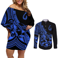 Polynesia Couples Matching Off Shoulder Short Dress and Long Sleeve Button Shirts Fish Hook Tattoo Go Fishing Polynesian Pattern Blue LT14 Blue - Polynesian Pride