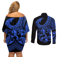 Polynesia Couples Matching Off Shoulder Short Dress and Long Sleeve Button Shirts Fish Hook Tattoo Go Fishing Polynesian Pattern Blue LT14 - Polynesian Pride