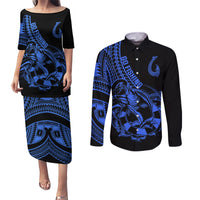 Polynesia Couples Matching Puletasi Dress and Long Sleeve Button Shirts Fish Hook Tattoo Go Fishing Polynesian Pattern Blue LT14 Blue - Polynesian Pride
