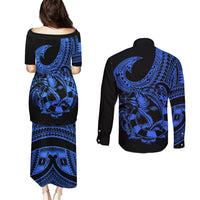 Polynesia Couples Matching Puletasi Dress and Long Sleeve Button Shirts Fish Hook Tattoo Go Fishing Polynesian Pattern Blue LT14 - Polynesian Pride