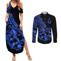 Polynesia Couples Matching Summer Maxi Dress and Long Sleeve Button Shirts Fish Hook Tattoo Go Fishing Polynesian Pattern Blue LT14 Blue - Polynesian Pride