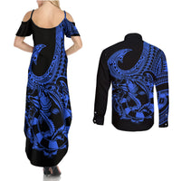 Polynesia Couples Matching Summer Maxi Dress and Long Sleeve Button Shirts Fish Hook Tattoo Go Fishing Polynesian Pattern Blue LT14 - Polynesian Pride