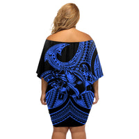 Polynesia Off Shoulder Short Dress Fish Hook Tattoo Go Fishing Polynesian Pattern Blue LT14 - Polynesian Pride