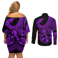 polynesia-couples-matching-off-shoulder-short-dress-and-long-sleeve-button-shirts-fish-hook-tattoo-go-fishing-polynesian-pattern-purple