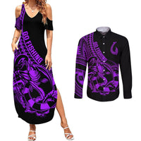 Polynesia Couples Matching Summer Maxi Dress and Long Sleeve Button Shirts Fish Hook Tattoo Go Fishing Polynesian Pattern Purple LT14 Purple - Polynesian Pride