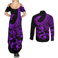 Polynesia Couples Matching Summer Maxi Dress and Long Sleeve Button Shirts Fish Hook Tattoo Go Fishing Polynesian Pattern Purple LT14 - Polynesian Pride