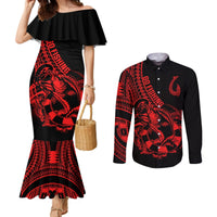 Polynesia Couples Matching Mermaid Dress and Long Sleeve Button Shirts Fish Hook Tattoo Go Fishing Polynesian Pattern Red LT14 Red - Polynesian Pride