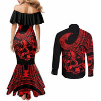 Polynesia Couples Matching Mermaid Dress and Long Sleeve Button Shirts Fish Hook Tattoo Go Fishing Polynesian Pattern Red LT14 - Polynesian Pride