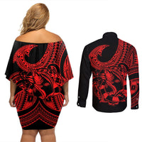 Polynesia Couples Matching Off Shoulder Short Dress and Long Sleeve Button Shirts Fish Hook Tattoo Go Fishing Polynesian Pattern Red LT14 - Polynesian Pride