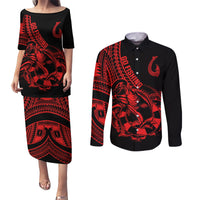 Polynesia Couples Matching Puletasi Dress and Long Sleeve Button Shirts Fish Hook Tattoo Go Fishing Polynesian Pattern Red LT14 Red - Polynesian Pride