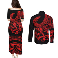 Polynesia Couples Matching Puletasi Dress and Long Sleeve Button Shirts Fish Hook Tattoo Go Fishing Polynesian Pattern Red LT14 - Polynesian Pride