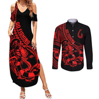 Polynesia Couples Matching Summer Maxi Dress and Long Sleeve Button Shirts Fish Hook Tattoo Go Fishing Polynesian Pattern Red LT14 Red - Polynesian Pride