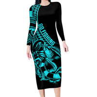 polynesia-family-matching-long-sleeve-bodycon-dress-and-hawaiian-shirt-fish-hook-tattoo-go-fishing-polynesian-pattern-turquosie