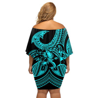 Polynesia Off Shoulder Short Dress Fish Hook Tattoo Go Fishing Polynesian Pattern Turquosie LT14 - Polynesian Pride