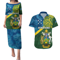 Solomon Islands Couples Matching Puletasi Dress and Hawaiian Shirt Tropical Leaves With Melanesian Pattern LT14 Green - Polynesian Pride